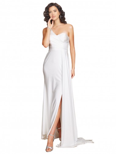 A-Line One Shoulder Silk like Satin Long White Wedding Dress Barrie