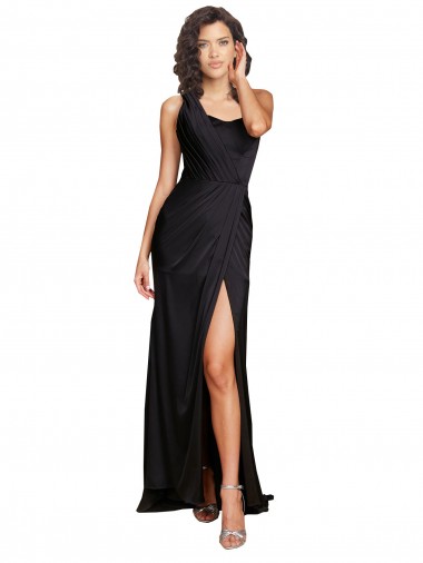A-Line One Shoulder Silk like Satin Long Black Evening Dress / Bridesmaid Dress Barrie