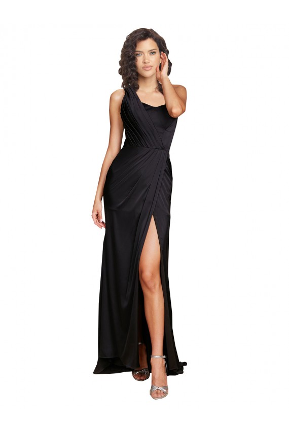 A-Line One Shoulder Silk like Satin Long Black Evening Dress / Bridesmaid Dress Barrie