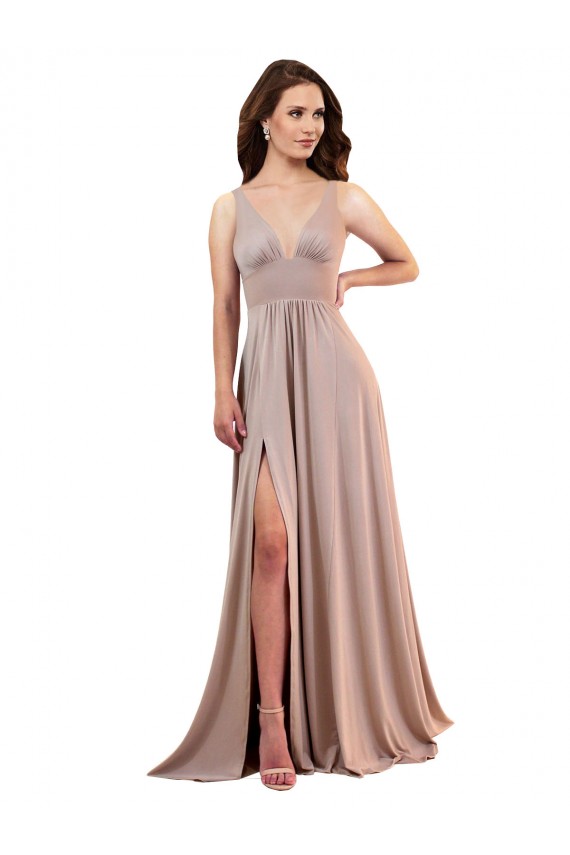 A-Line V-Neck Spandex Long Dusty Pink Black Tie Evening Gown / Prom Dress / Bridesmaid Dress Barrie