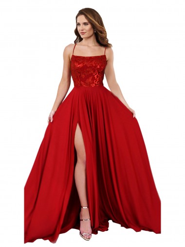 A-Line Square Neck Spandex & Lace Long Red Semi Formal Evening Dress / Prom Dress / Bridesmaid Dress Barrie