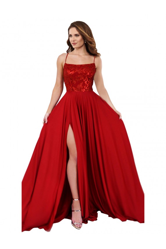 A-Line Square Neck Spandex & Lace Long Red Semi Formal Evening Dress / Prom Dress / Bridesmaid Dress Barrie