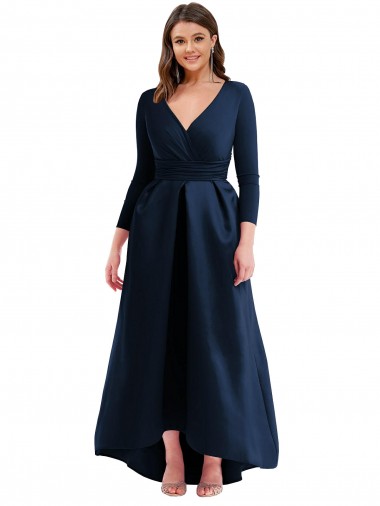 Ball Gown V-Neck Spandex Long Dark Navy High Low Plus Size Evening Gown / Prom Dress / Bridesmaid Dress Barrie