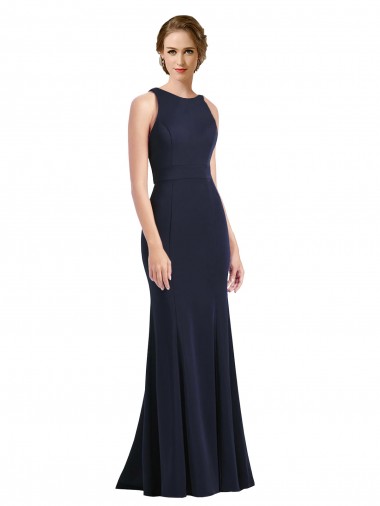 Sheath High Neck Stretch Crepe Long Dark Navy Black Tie Prom Dress / Bridesmaid Dress Barrie