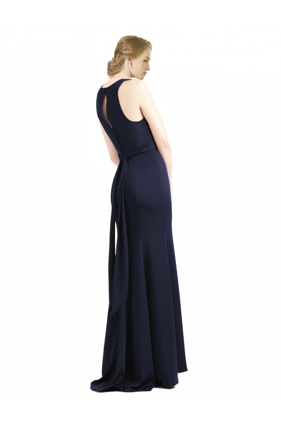 Sheath High Neck Stretch Crepe Long Dark Navy Black Tie Prom Dress / Bridesmaid Dress Barrie