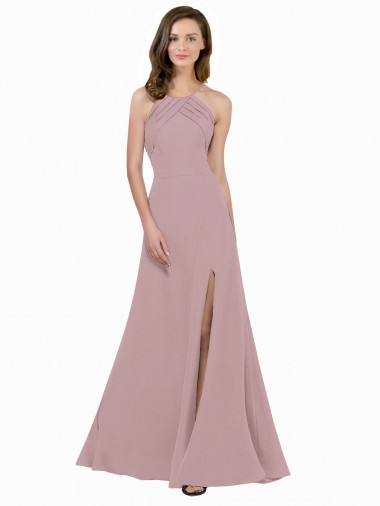 A-Line High Neck Stretch Crepe Long Dusty Pink Prom Dress / Bridesmaid Dress Barrie