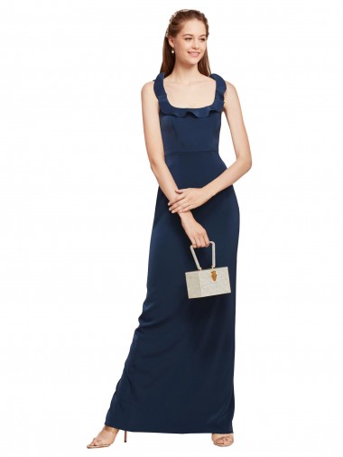 Sheath Scoop Neck Stretch Crepe Long Dark Navy Formal Evening Gown / Prom Dress / Bridesmaid Dress Barrie