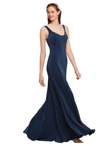 A-Line Round Neck Stretch Crepe Long Dark Navy Formal Evening Gown / Prom Dress / Bridesmaid Dress Barrie