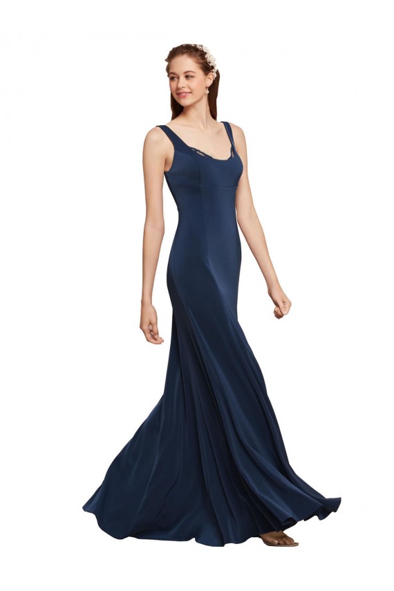 A-Line Round Neck Stretch Crepe Long Dark Navy Formal Evening Gown / Prom Dress / Bridesmaid Dress Barrie
