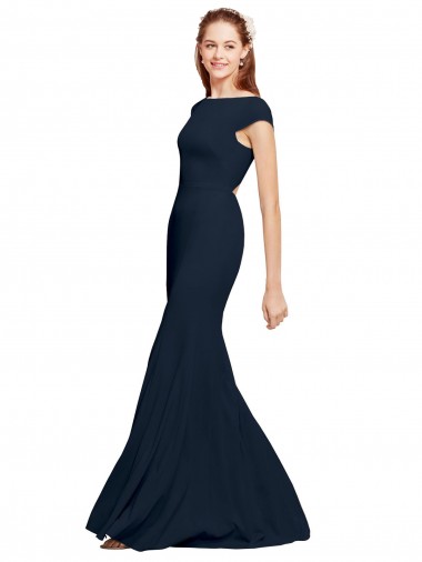 A-Line Boat Neck Stretch Crepe Long Dark Navy Formal Evening Gown / Prom Dress / Bridesmaid Dress Barrie