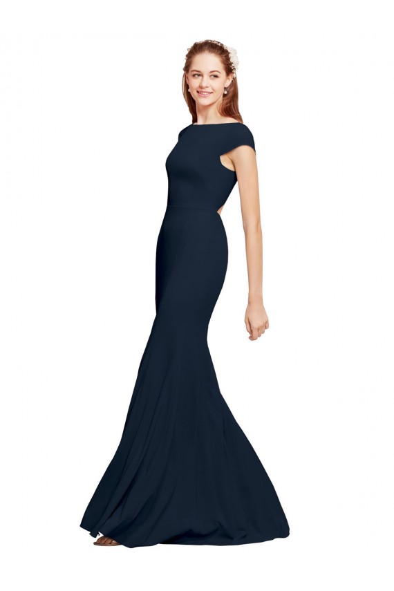 A-Line Boat Neck Stretch Crepe Long Dark Navy Formal Evening Gown / Prom Dress / Bridesmaid Dress Barrie