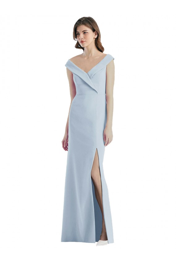 A-Line V-Neck Stretch Crepe Long Light Sky Blue Black Tie Evening Gown / Bridesmaid Dress Barrie
