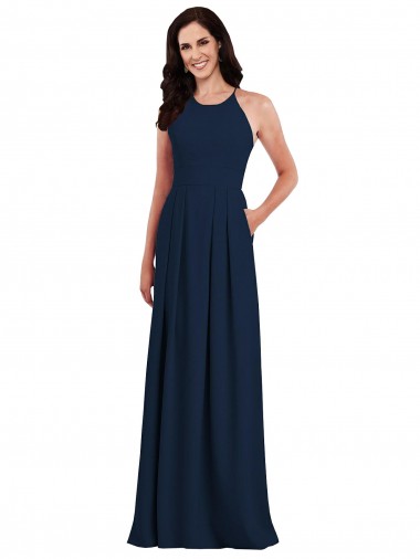 Trumpet Halter Neck Stretch Crepe Long Dark Navy Semi Formal Evening Dress / Bridesmaid Dress Barrie