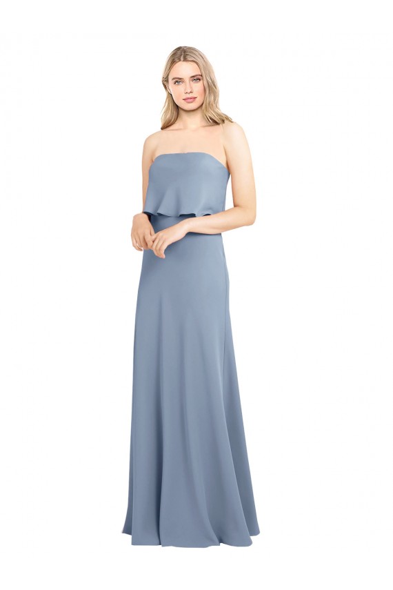 Sheath High Neck Stretch Crepe Long Smoke Blue Formal Evening Gown / Prom Dress / Bridesmaid Dress Barrie