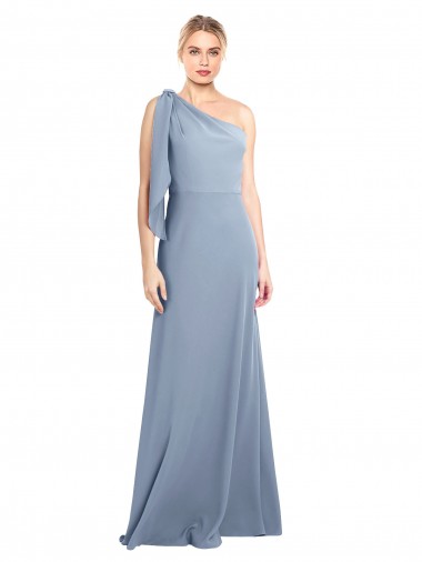 Sheath One Shoulder Stretch Crepe Long Smoke Blue Formal Dress / Bridesmaid Dress Barrie