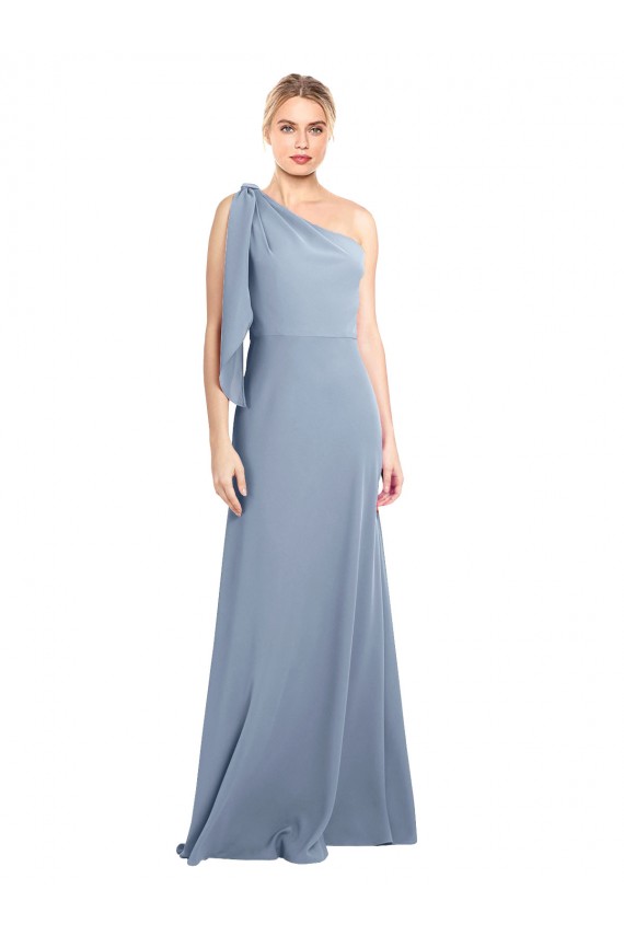 Sheath One Shoulder Stretch Crepe Long Smoke Blue Formal Dress / Bridesmaid Dress Barrie