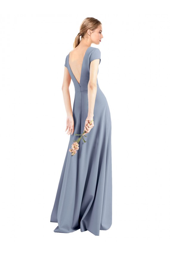 Sheath High Neck Stretch Crepe Long Smoke Blue Prom Dress / Bridesmaid Dress Barrie
