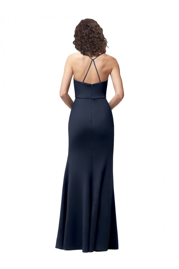 Sheath High Neck Stretch Crepe Long Dark Navy Formal Evening Gown / Prom Dress / Bridesmaid Dress Barrie