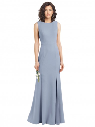 Sheath High Neck Stretch Crepe Long Smoke Blue Bridesmaid Dress Barrie
