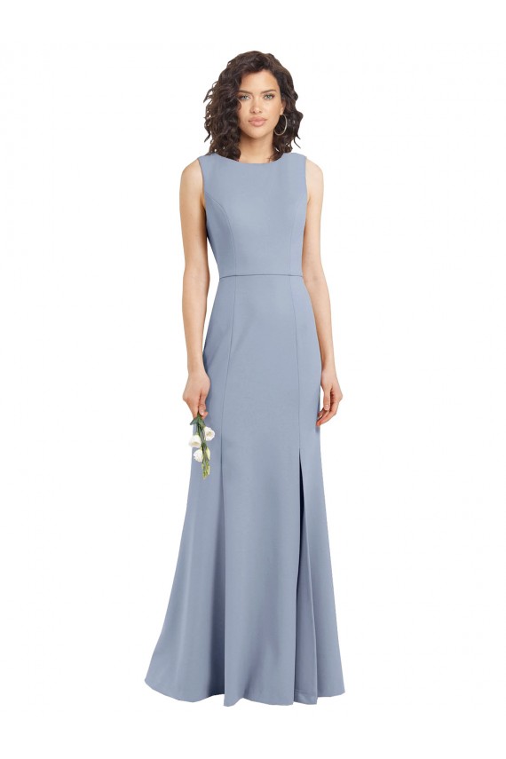 Sheath High Neck Stretch Crepe Long Smoke Blue Bridesmaid Dress Barrie