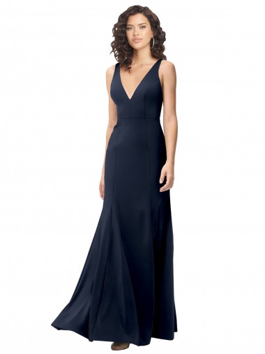 A-Line High Neck Stretch Crepe Long Dark Navy Formal Evening Gown / Prom Dress / Bridesmaid Dress Barrie