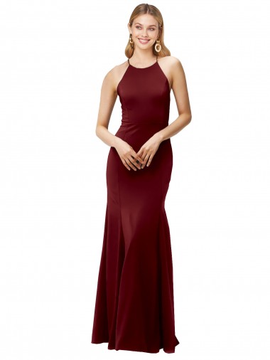 Mermaid High Neck Stretch Crepe Long Burgundy Gold Formal Evening Gown / Prom Dress / Bridesmaid Dress Barrie