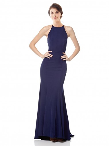 Mermaid High Neck Stretch Crepe Long Navy Blue Bridesmaid Dress / Formal Dress Barrie