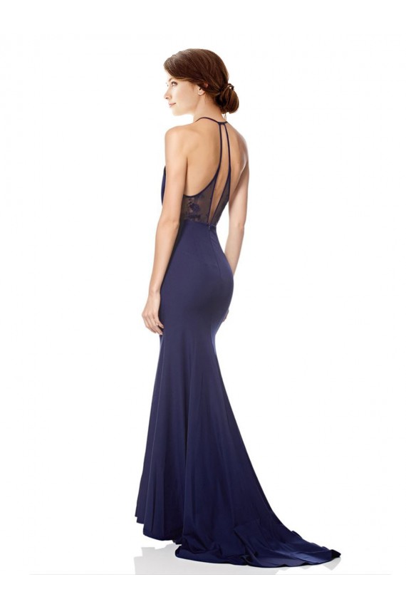 Mermaid High Neck Stretch Crepe Long Navy Blue Bridesmaid Dress / Formal Dress Barrie