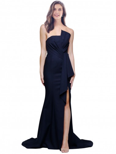 Sheath Strapless Stretch Crepe Sweep Train Dark Navy Semi Formal Evening Dress / Prom Dress / Bridesmaid Dress Barrie