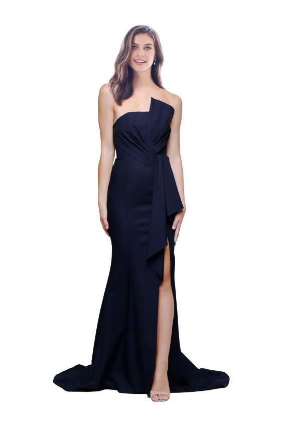 Sheath Strapless Stretch Crepe Sweep Train Dark Navy Semi Formal Evening Dress / Prom Dress / Bridesmaid Dress Barrie