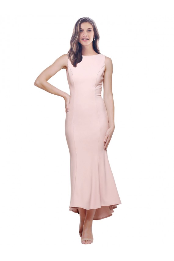 Sheath High Neck Stretch Crepe Midi Length Pink High Low Evening Gown / Prom Dress / Bridesmaid Dress Barrie