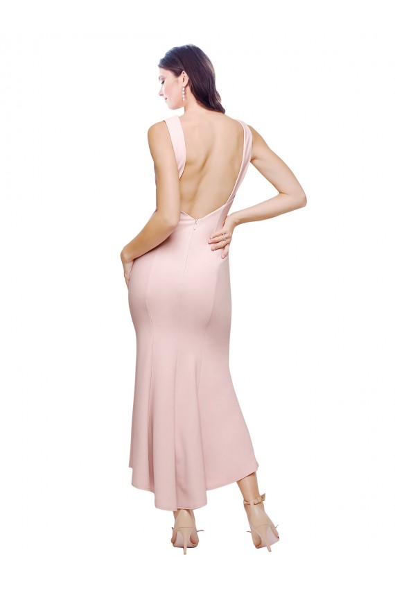 Sheath High Neck Stretch Crepe Midi Length Pink High Low Evening Gown / Prom Dress / Bridesmaid Dress Barrie