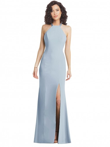Trumpet High Neck Stretch Crepe Long Light Sky Blue Formal Evening Gown / Prom Dress / Bridesmaid Dress Barrie