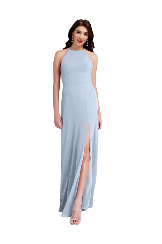 Sheath High Neck Stretch Crepe Long Light Sky Blue Formal Evening Gown / Prom Dress / Bridesmaid Dress Barrie