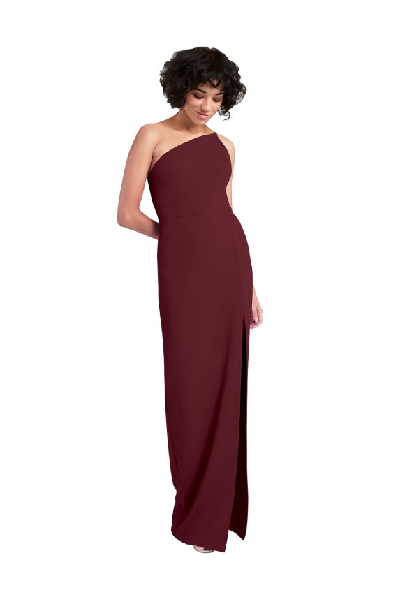 Sheath One Shoulder Stretch Crepe Long Burgundy Gold Formal Evening Gown / Prom Dress / Bridesmaid Dress Barrie