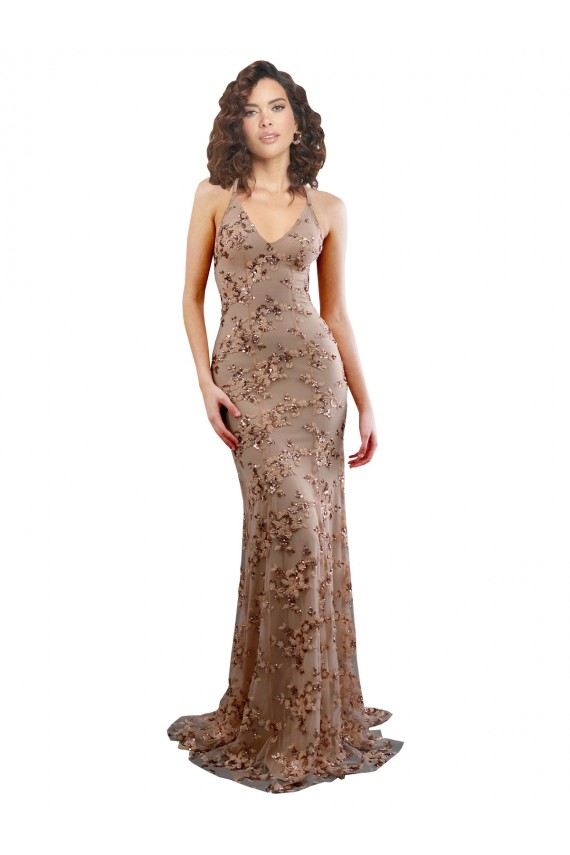 Mermaid High Neck Stretch Crepe & Sequin Tulle Long Rose Gold Formal Evening Gown / Prom Dress / Bridesmaid Dress Barrie