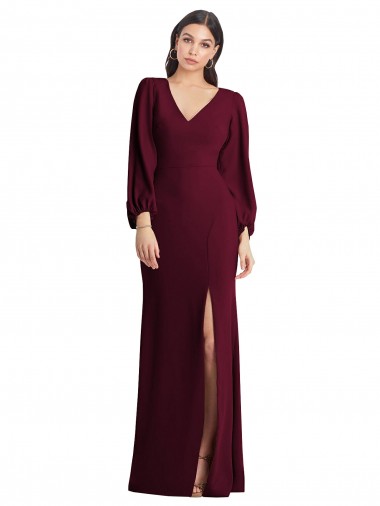 Trumpet V-Neck Stretch Crepe Long Burgundy Gold Semi Formal Evening Dress / Prom Dress / Bridesmaid Dress Barrie