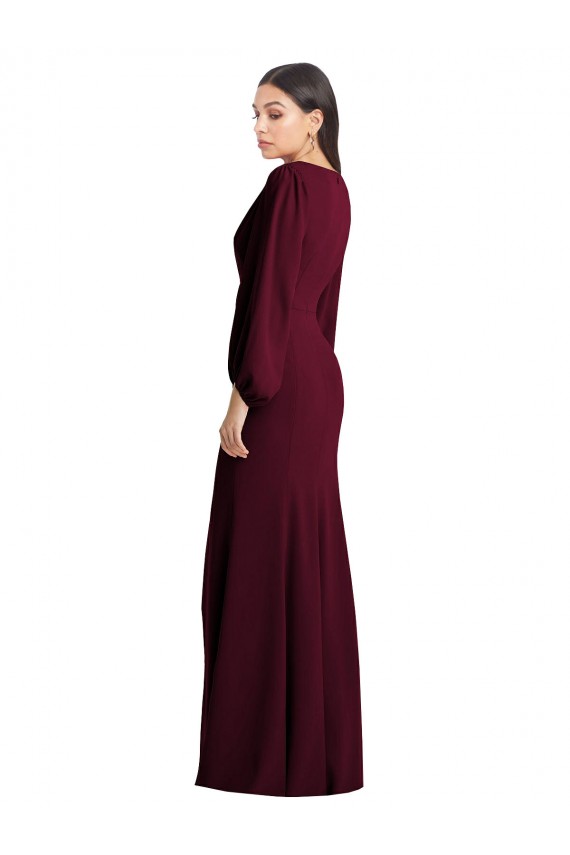 Trumpet V-Neck Stretch Crepe Long Burgundy Gold Semi Formal Evening Dress / Prom Dress / Bridesmaid Dress Barrie