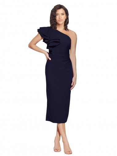 Sheath One Shoulder Stretch Crepe Midi Length Dark Navy Formal Evening Gown / Prom Dress / Bridesmaid Dress Barrie