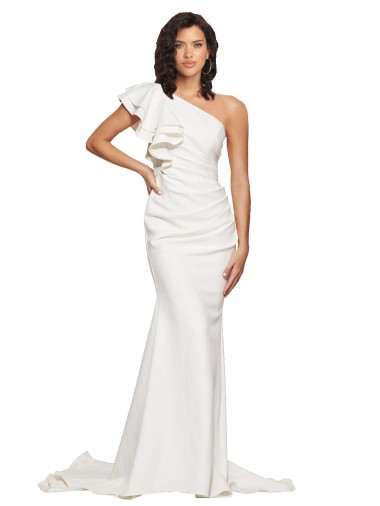 Sheath One Shoulder Stretch Crepe Sweep Train Ivory Semi Formal Evening Dress / Prom Dress / Bridesmaid Dress Barrie