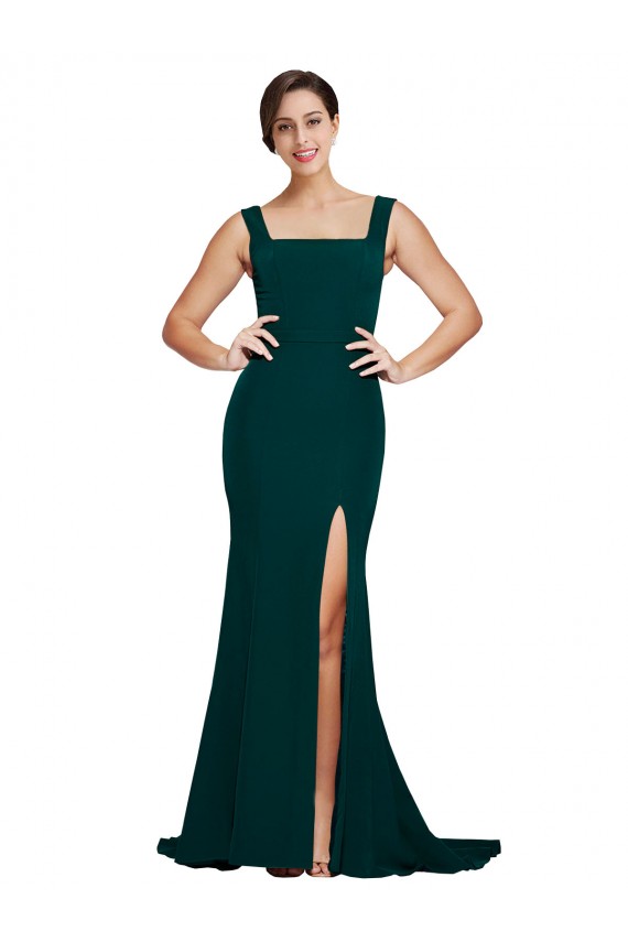 Sheath Square Neck Stretch Crepe Sweep Train Midnight Green Semi Formal Evening Dress / Prom Dress / Bridesmaid Dress Barrie