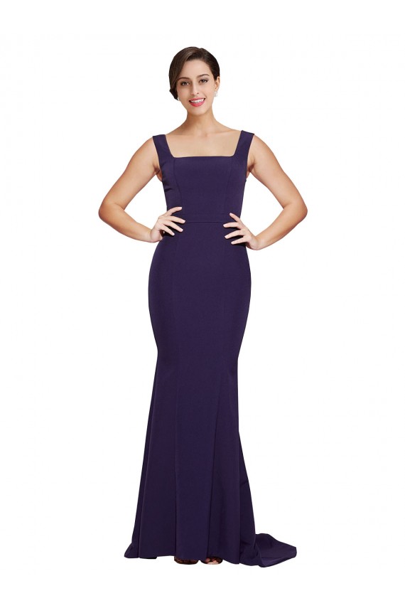 Sheath Square Neck Stretch Crepe Sweep Train Dark Navy Semi Formal Evening Dress / Prom Dress / Bridesmaid Dress Barrie
