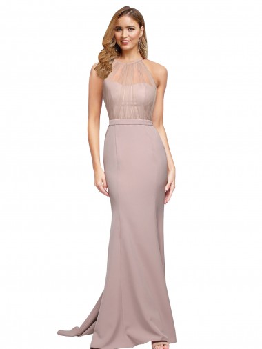 Sheath High Neck Stretch Crepe Sweep Train Dusty Pink Formal Evening Gown / Prom Dress / Bridesmaid Dress Barrie