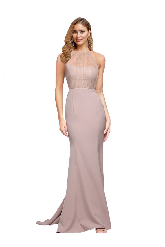 Sheath High Neck Stretch Crepe Sweep Train Dusty Pink Formal Evening Gown / Prom Dress / Bridesmaid Dress Barrie