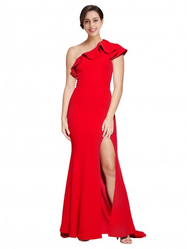 Sheath One Shoulder Stretch Crepe Sweep Train Red Semi Formal Evening Dress / Prom Dress / Bridesmaid Dress Barrie