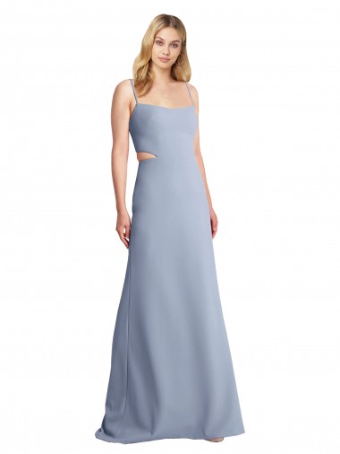 A-Line Scoop Neck Stretch Crepe Long Smoke Blue Prom Dress / Bridesmaid Dress Barrie