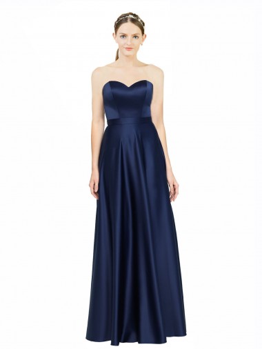 A-Line Sweetheart Stretch Satin Long Dark Navy Black Tie Evening Gown / Bridesmaid Dress Barrie