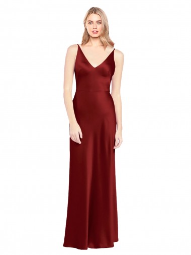 A-Line V-Neck Stretch Satin Long Burgundy Formal Evening Gown / Prom Dress / Bridesmaid Dress Barrie