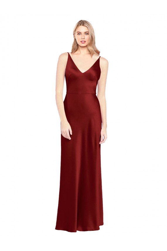 A-Line V-Neck Stretch Satin Long Burgundy Formal Evening Gown / Prom Dress / Bridesmaid Dress Barrie