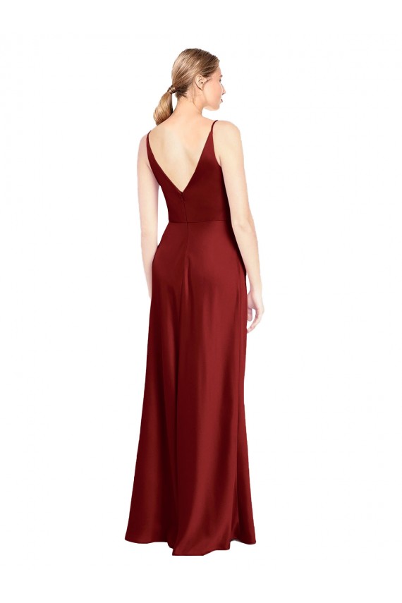 A-Line V-Neck Stretch Satin Long Burgundy Formal Evening Gown / Prom Dress / Bridesmaid Dress Barrie